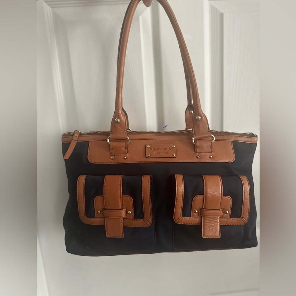 Kate Spade Blue and Tan Shoulder Bag with Structured Design